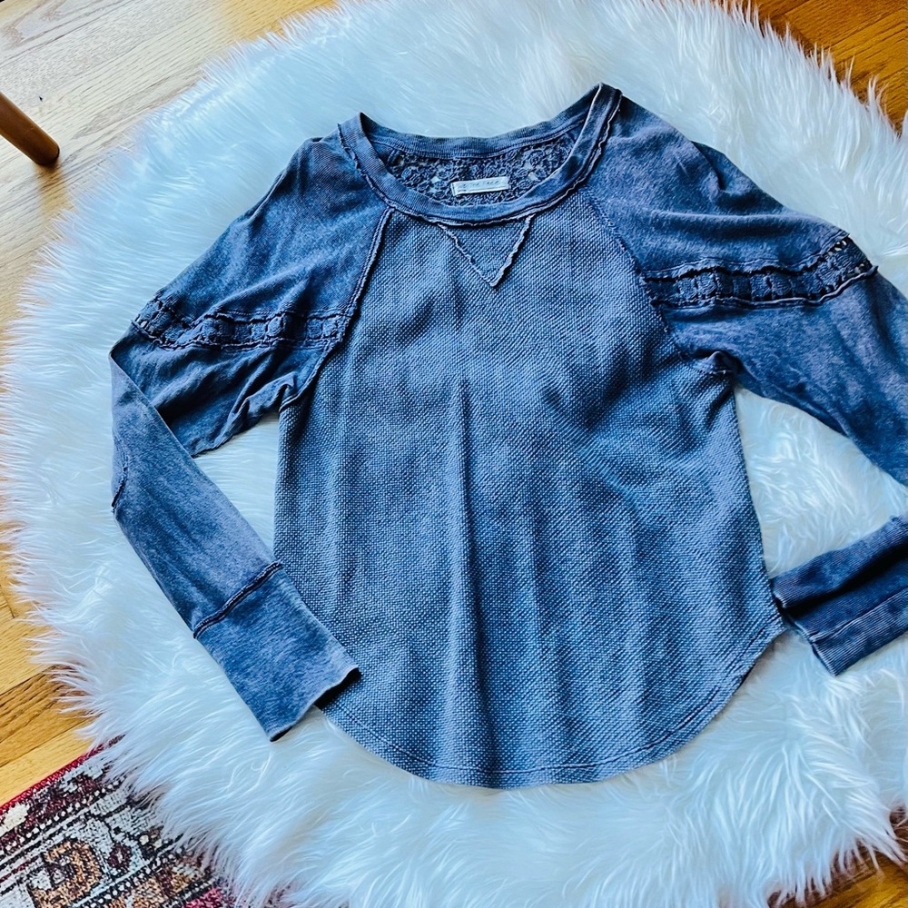 Free People  Blue Textured Knit Top
